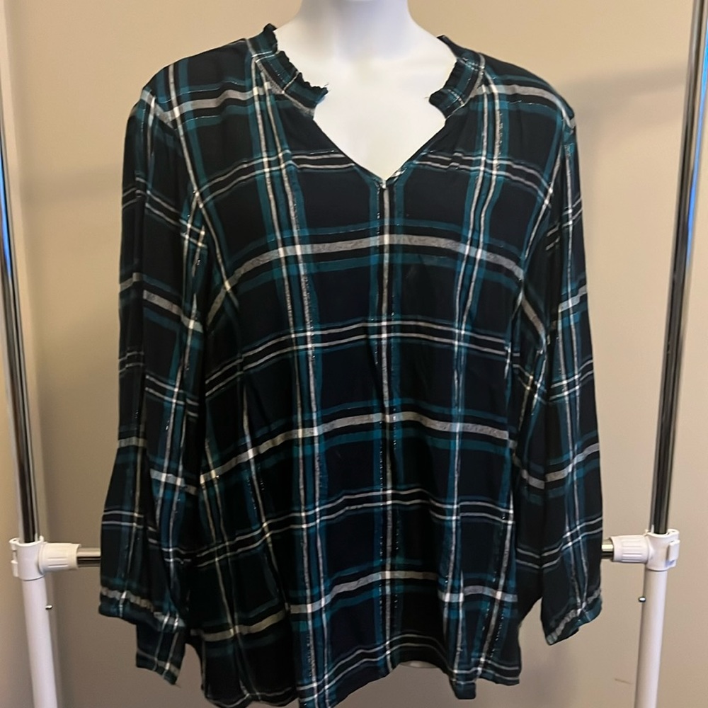 Lane Bryant Blue Metallic Plaid Popover Flannel Tunic